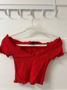 Love Culture Red Smocked Off-Shoulder Crop Top